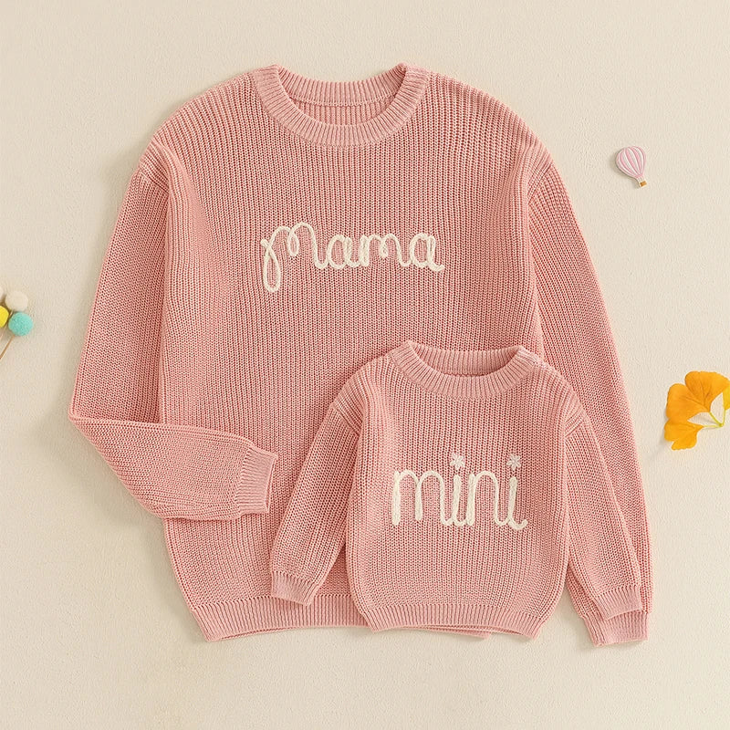 Family Matching Sweaters Mommy and Me Letter Embroidery Round Neck Knitwear Comfortable Spring Autumn Kids Pullover Tops