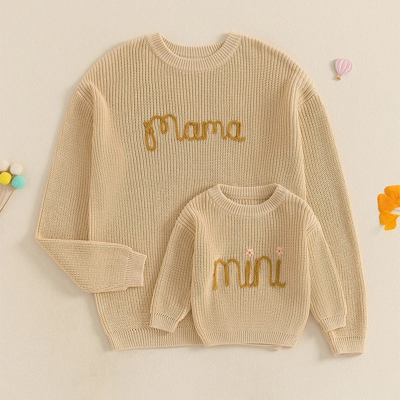 Family Matching Sweaters Mommy and Me Letter Embroidery Round Neck Knitwear Comfortable Spring Autumn Kids Pullover Tops