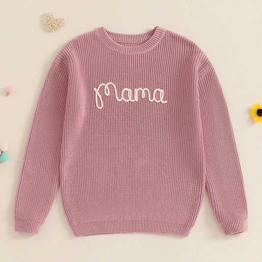 Family Matching Sweaters Mommy and Me Letter Embroidery Round Neck Knitwear Comfortable Spring Autumn Kids Pullover Tops