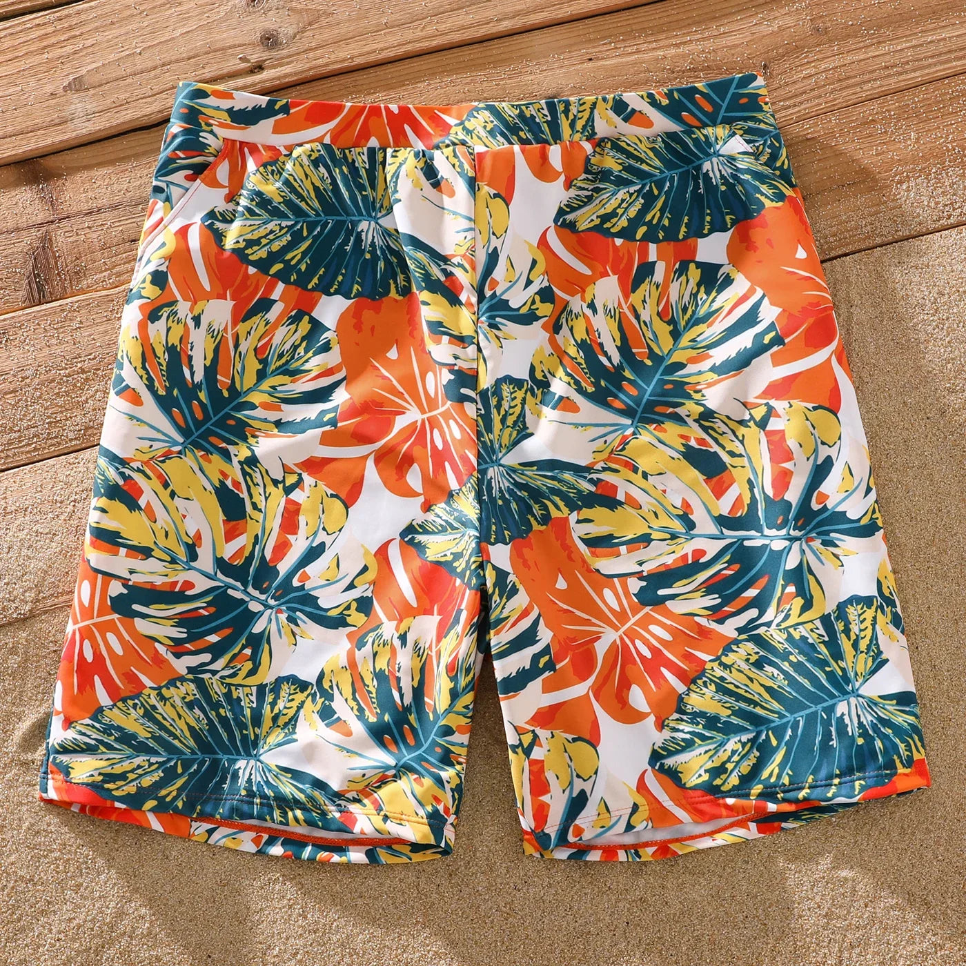 PatPat Family Matching Swimsuit Orange All Over Tropical Plant Print Splicing Ruffle One-Piece Swimsuit and Swim Trunks Shorts