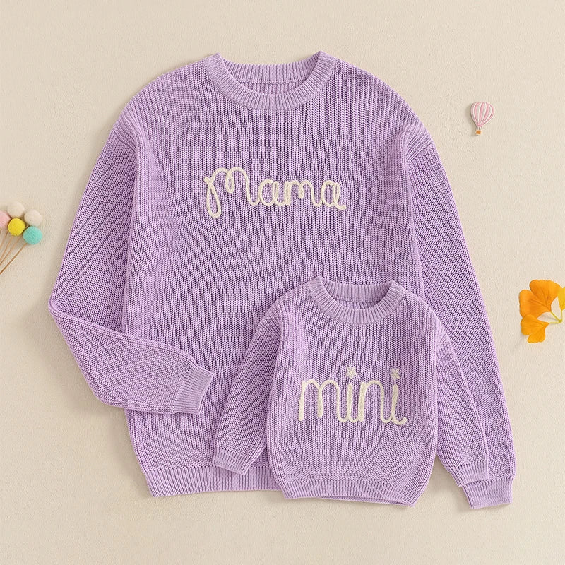 Family Matching Sweaters Mommy and Me Letter Embroidery Round Neck Knitwear Comfortable Spring Autumn Kids Pullover Tops