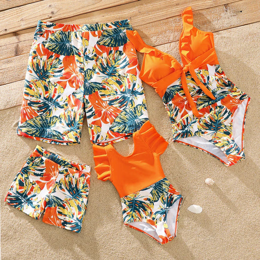 PatPat Family Matching Swimsuit Orange All Over Tropical Plant Print Splicing Ruffle One-Piece Swimsuit and Swim Trunks Shorts