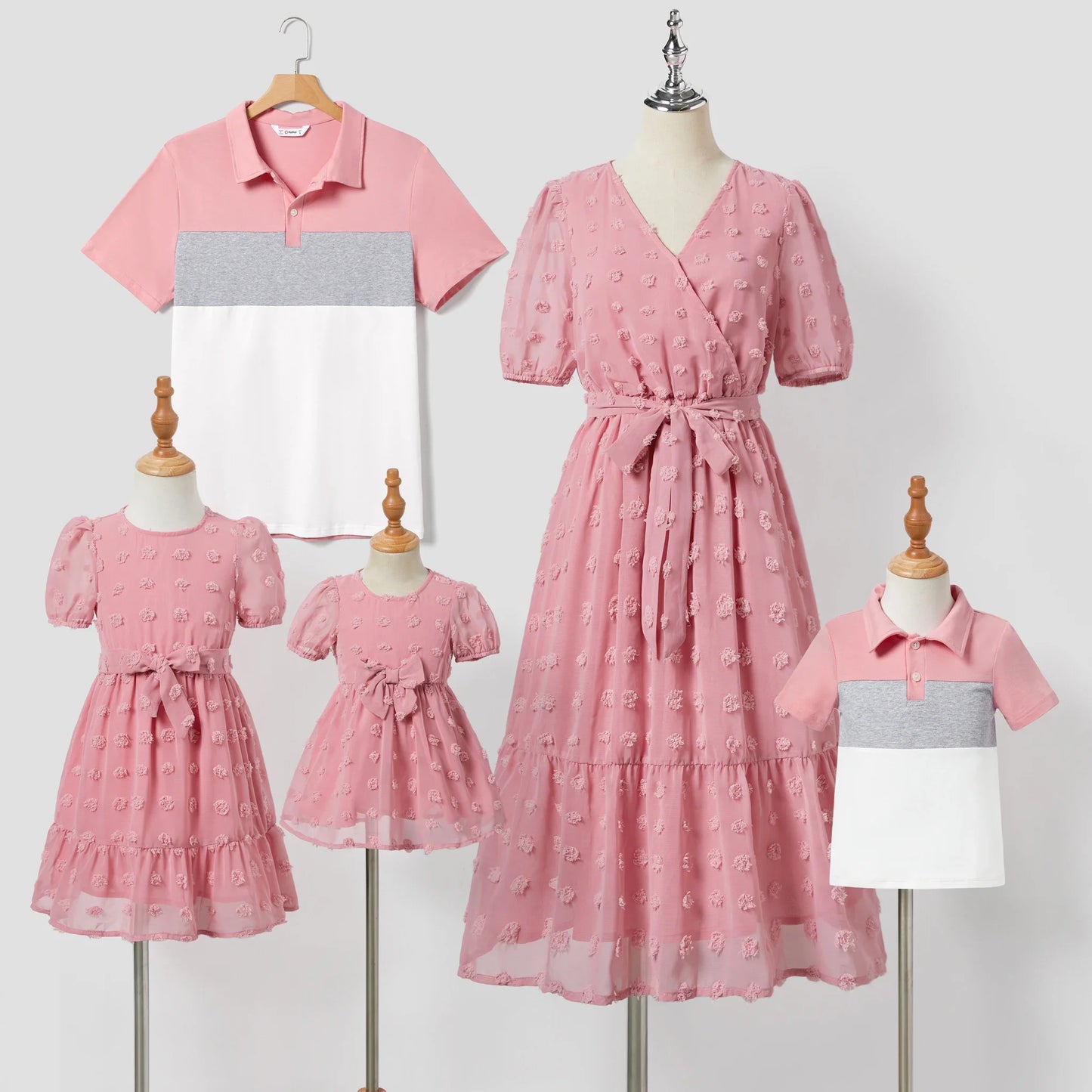 PatPat Family Matching Colorblock Shirt and Pink Swiss Dot Wrap Front Ruffled Hem Belted Dress Sets Suitable for Summer Season