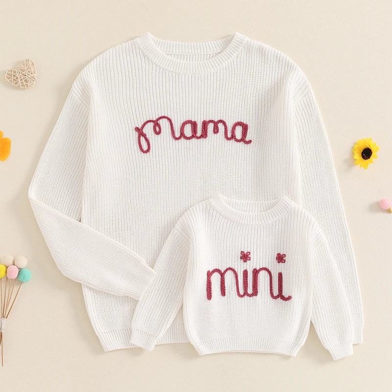 Family Matching Sweaters Mommy and Me Letter Embroidery Round Neck Knitwear Comfortable Spring Autumn Kids Pullover Tops