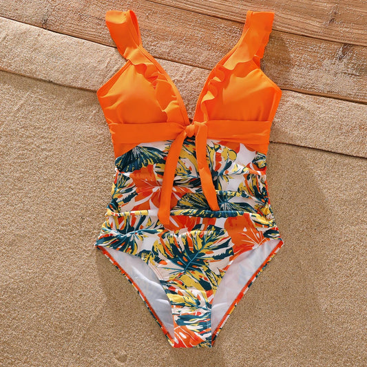 PatPat Family Matching Swimsuit Orange All Over Tropical Plant Print Splicing Ruffle One-Piece Swimsuit and Swim Trunks Shorts